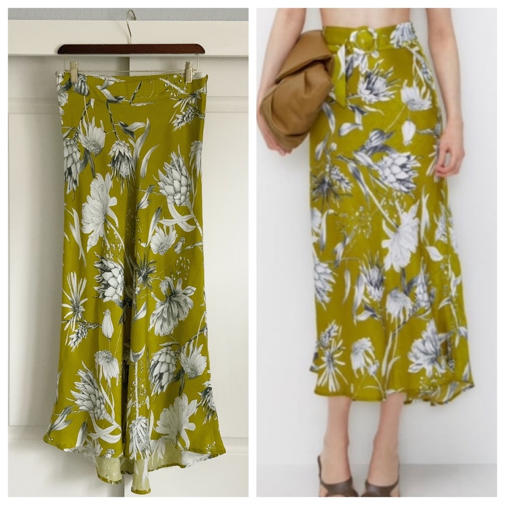 Zara Chartreuse Maxi Slip Skirt - Green & White Floral Skirt